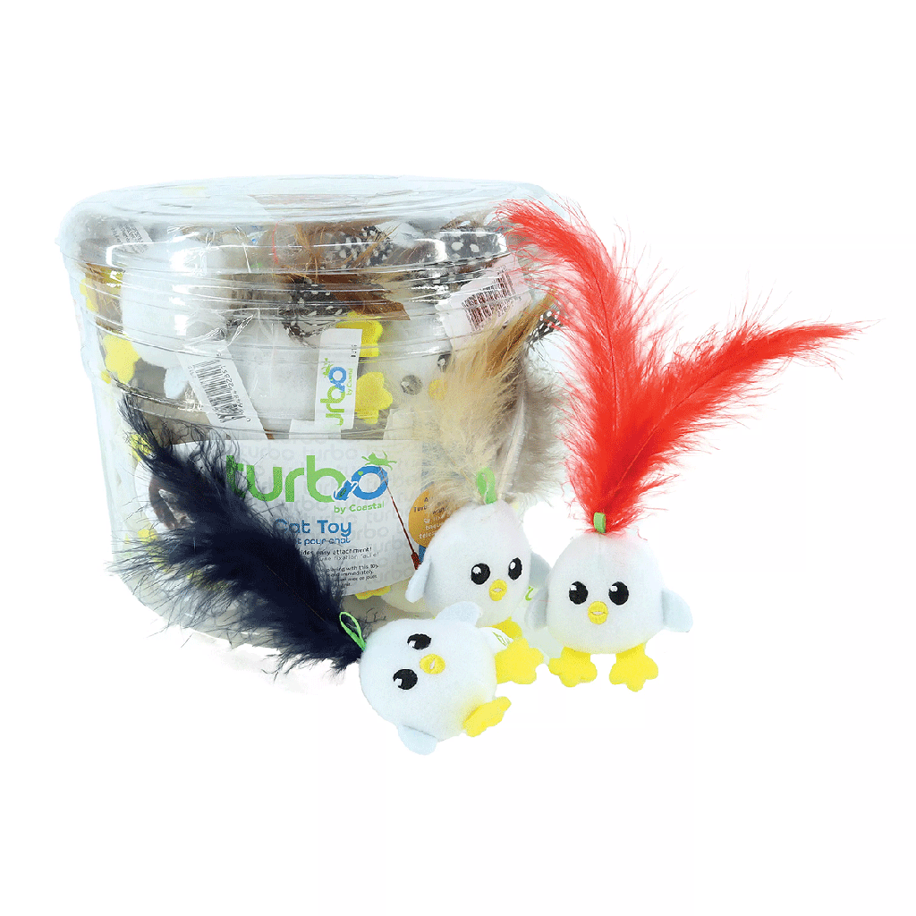 COASTAL Turbo Cat Toy Bin w/Loop Chicken Egg w/ Feathers 48pcs