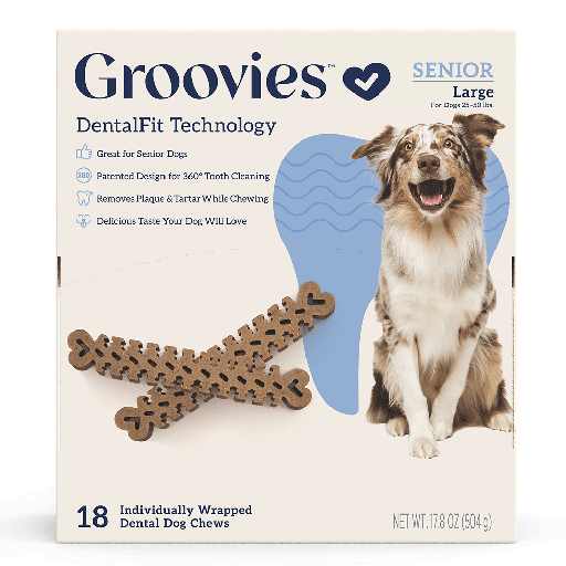 [GRV68158] GROOVIES Senior Dog Dental Chews Gravity Box Large 18ct