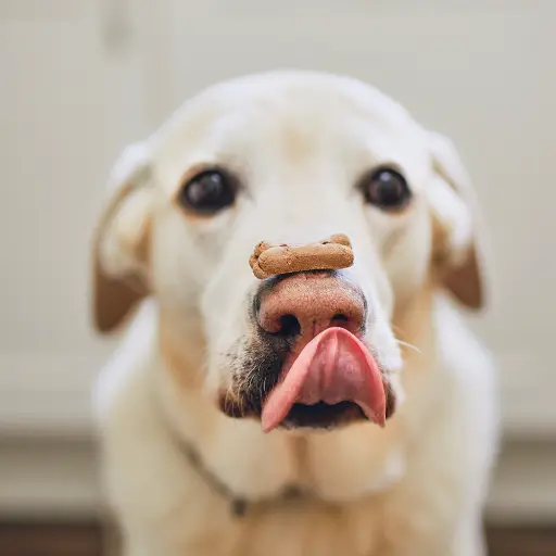 white dog holding a treat on their nose