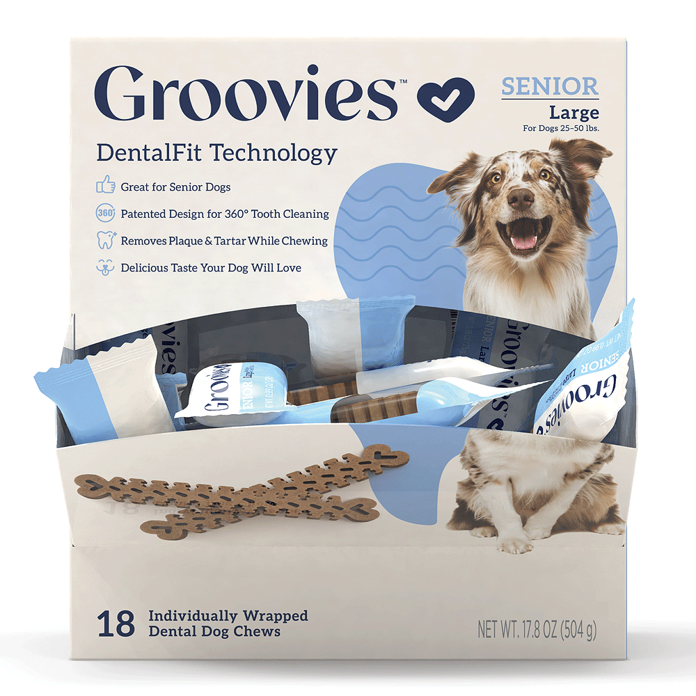 GROOVIES Senior Dog Dental Chews Gravity Box Large 18ct