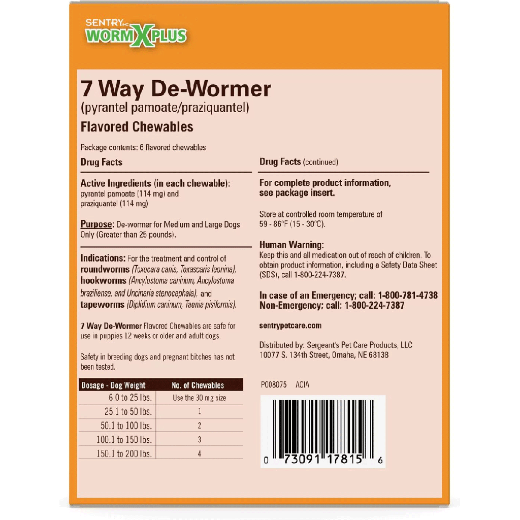 SENTRYHC 7 Way De-Wormer Large Dog 6ct