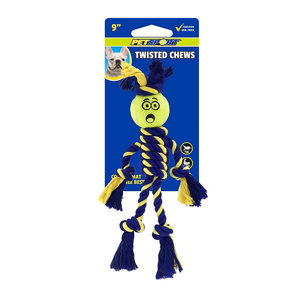 PETSPORT Twisted Chews Mini Braided Cotton Rope Rasta Man w/Tuff Ball 9"