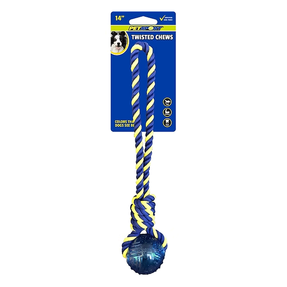 PETSPORT Twisted Chews-Medium Braided Cotton Rope Tug w/ TPR Ball 14"