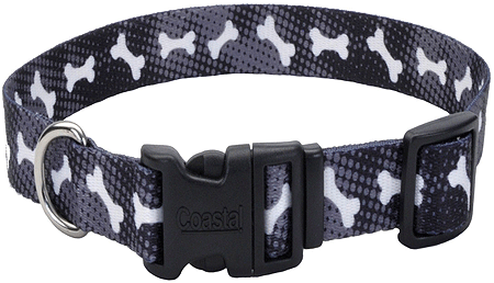 PET ATTIRE Adj Collar 8-12x3/8 Black w/Bones