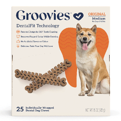 [GRV68137] GROOVIES Dog Dental Chews Gravity Box Medium 25ct