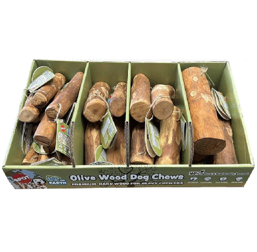 [E54796] ETHICAL/SPOT Love The Earth Olive Wood Dog Chew Display 31pc