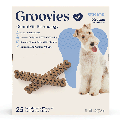 [GRV68157] GROOVIES Senior Dog Dental Chews Gravity Box Medium 25ct