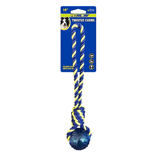 [PS80385] PETSPORT Twisted Chews-Medium Braided Cotton Rope Tug w/ TPR Ball 14"